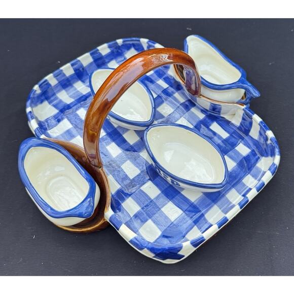 Vtg Picnic Basket Serving Tray With 2 Sauce 2 Dip Bowls Adorable Blue Check - Picture 1 of 12